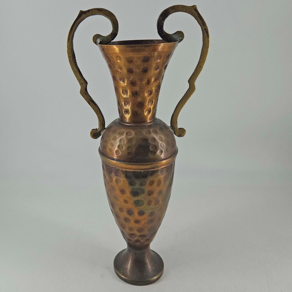 Vintage Gregorian hammered copper urn shaped vase w scroll handles
